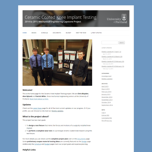 Screenshot of the Ceramic Knee capstone project website displaying project overview, team information, and technical details